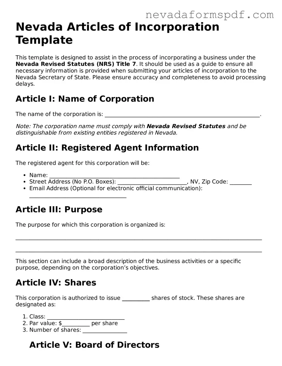 Articles of Incorporation Template for Nevada State