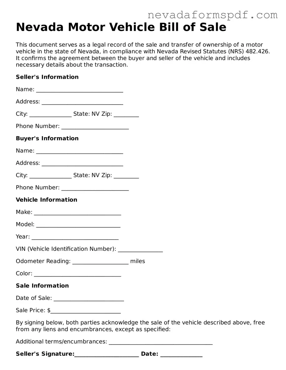 Motor Vehicle Bill of Sale Template for Nevada State