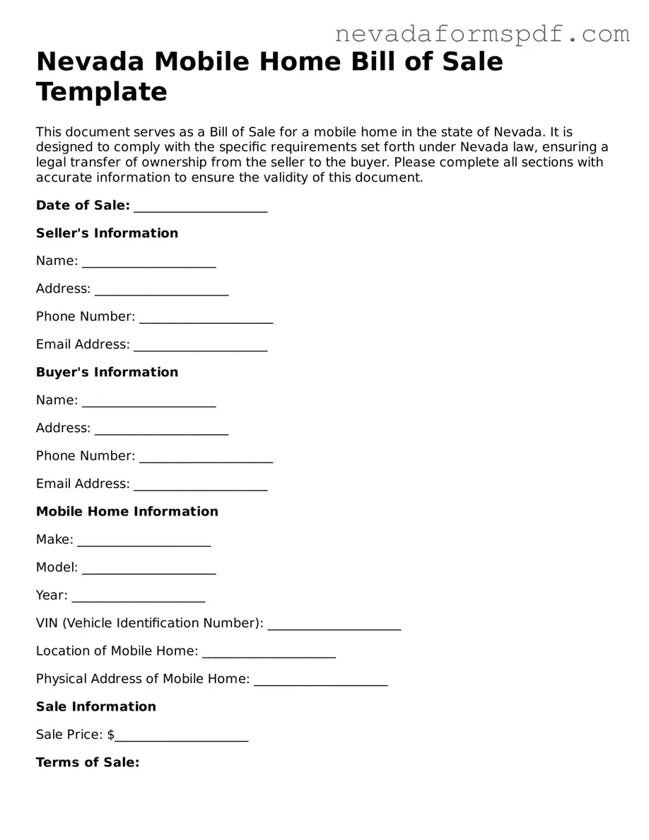 Mobile Home Bill of Sale Template for Nevada State