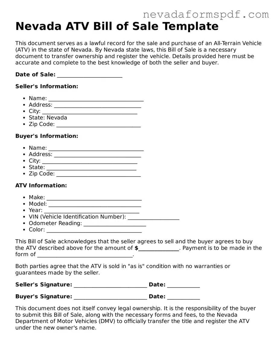 ATV Bill of Sale Template for Nevada State