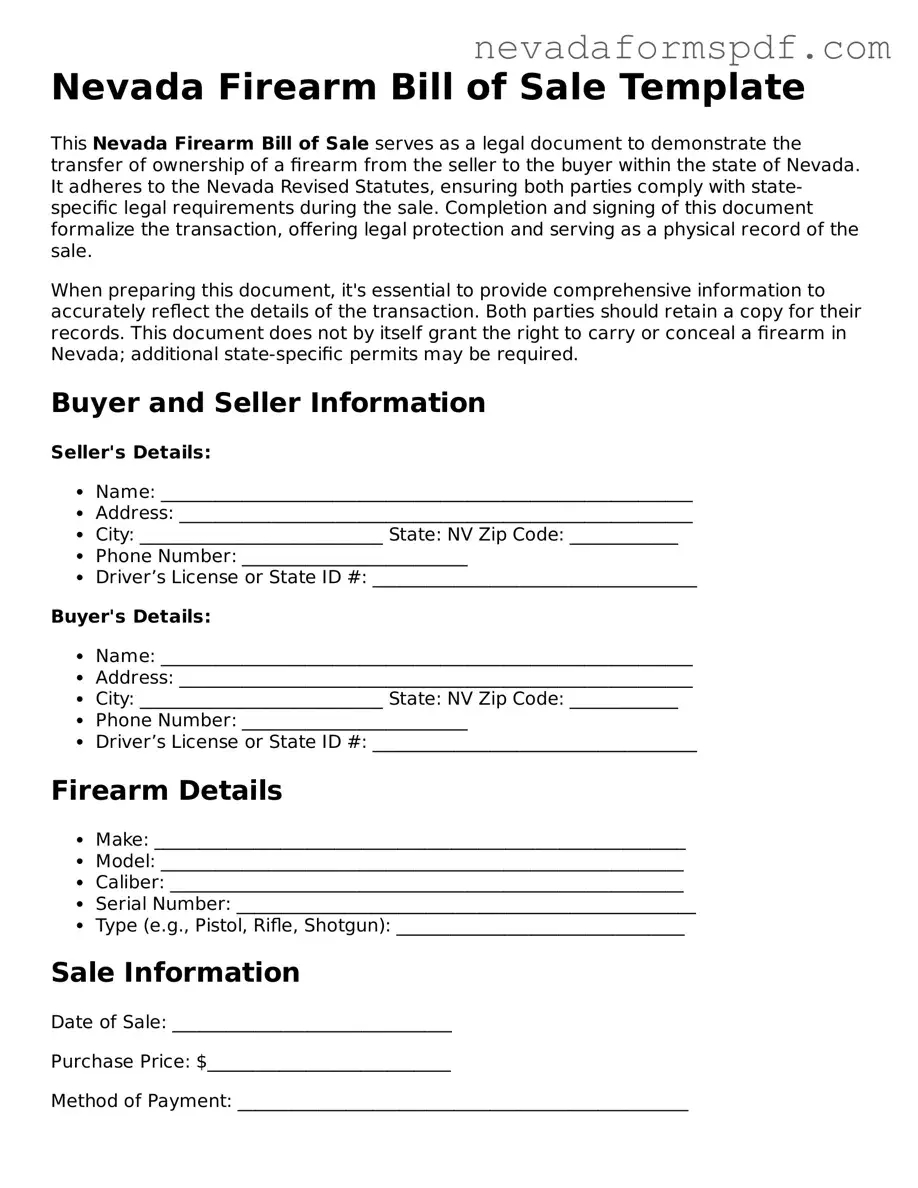 Firearm Bill of Sale Template for Nevada State