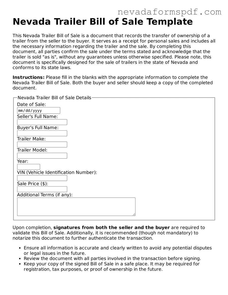 Trailer Bill of Sale Template for Nevada State