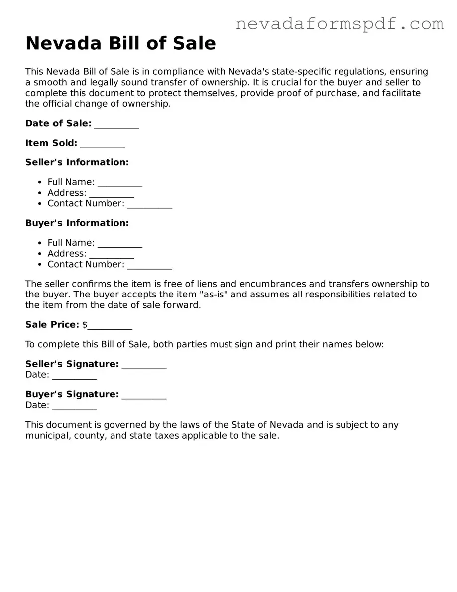 Bill of Sale Template for Nevada State