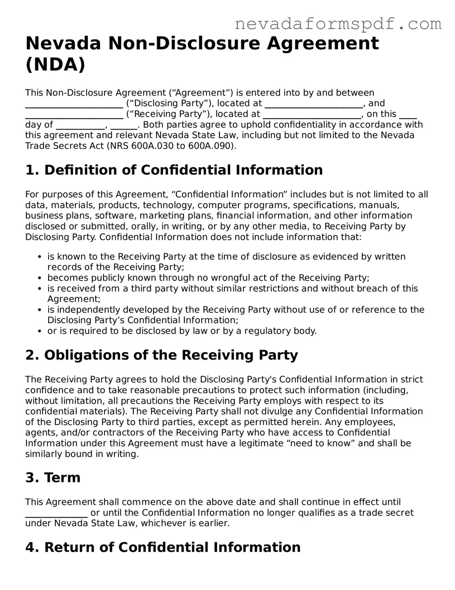 Non-disclosure Agreement Template for Nevada State