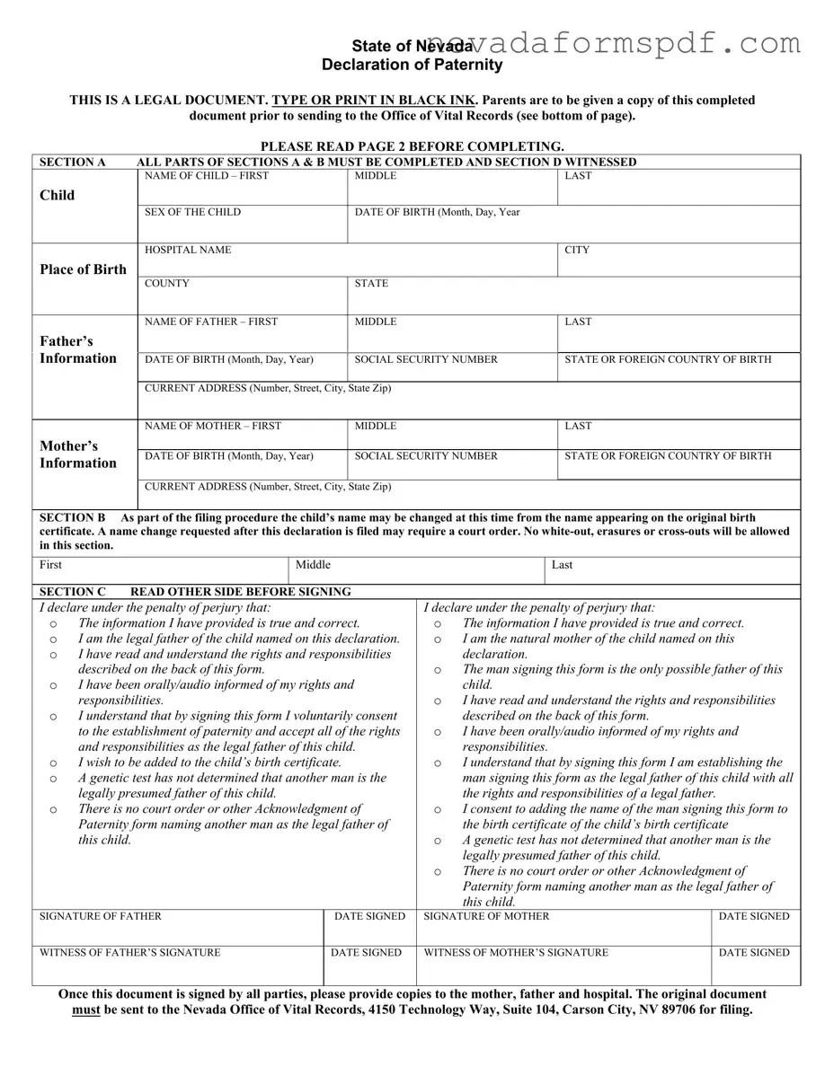 Blank Nevada Declaration Of Paternity Template