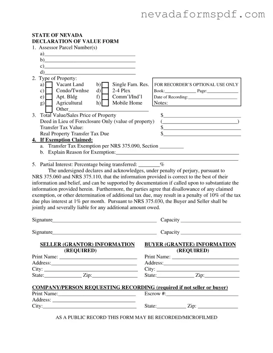 Blank Nevada Declaration Of Value Template