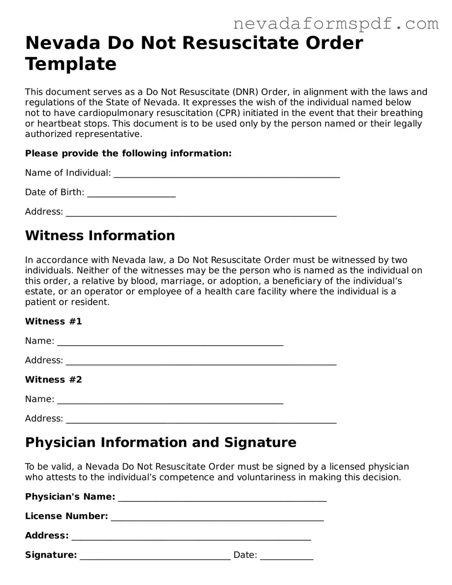 Do Not Resuscitate Order Template for Nevada State