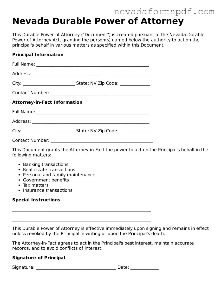 Durable Power of Attorney Template for Nevada State