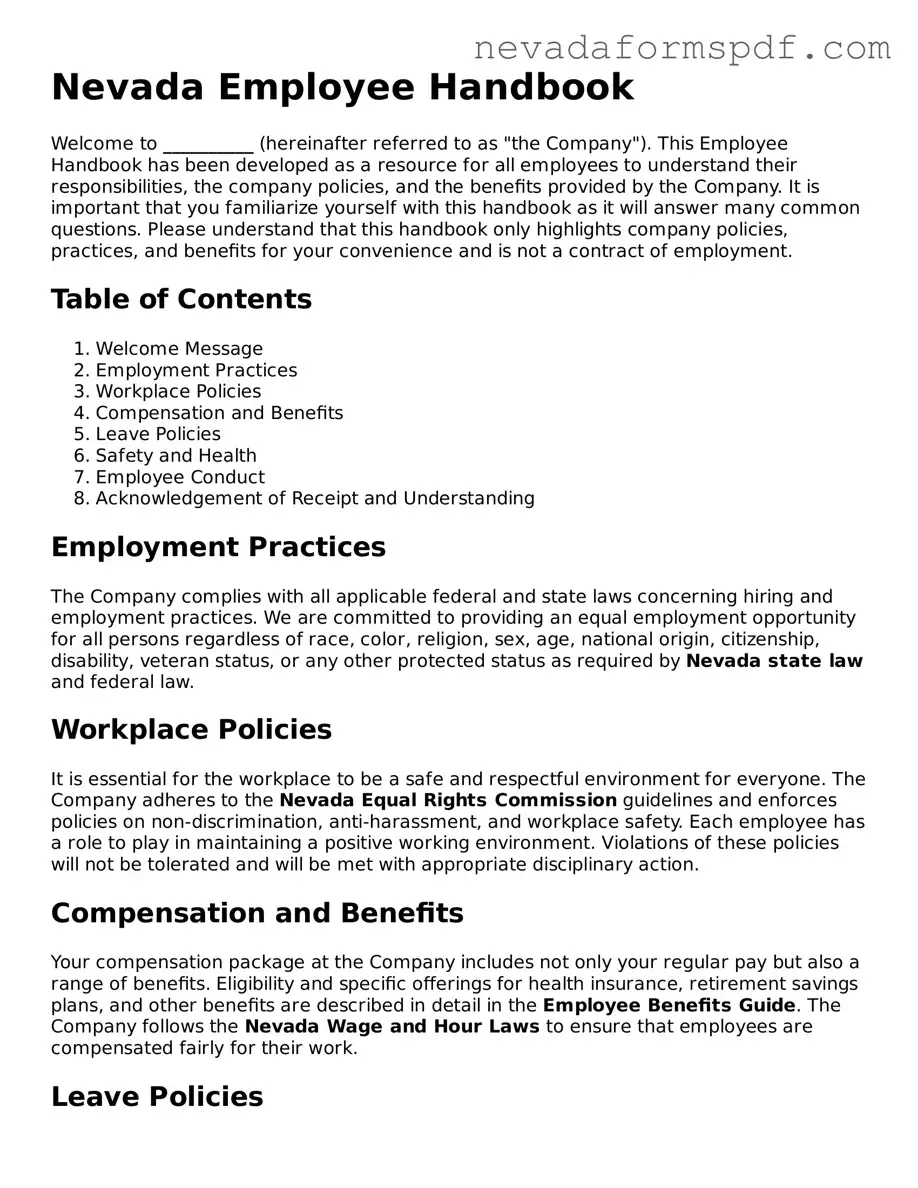 Employee Handbook Template for Nevada State
