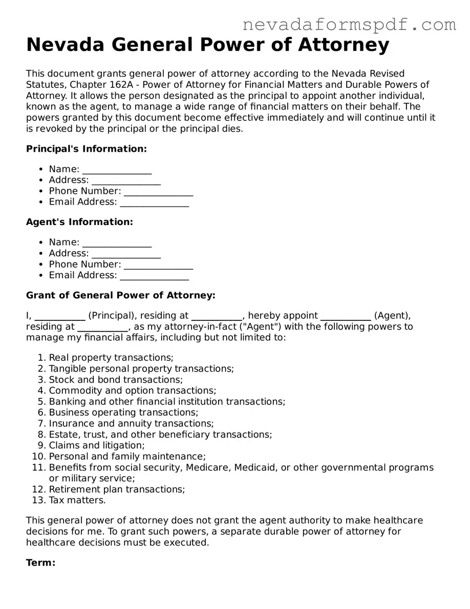 General Power of Attorney Template for Nevada State