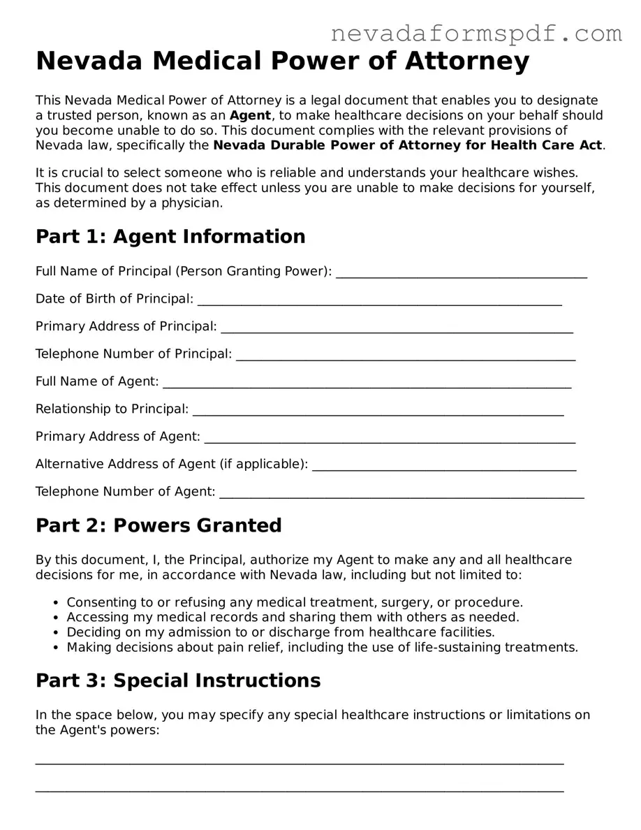 Medical Power of Attorney Template for Nevada State