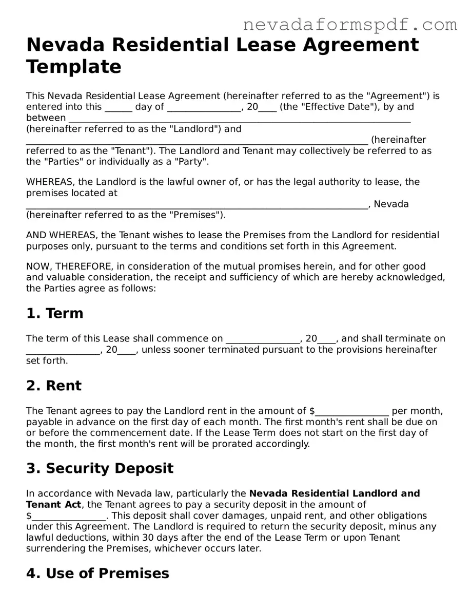Residential Lease Agreement Template for Nevada State