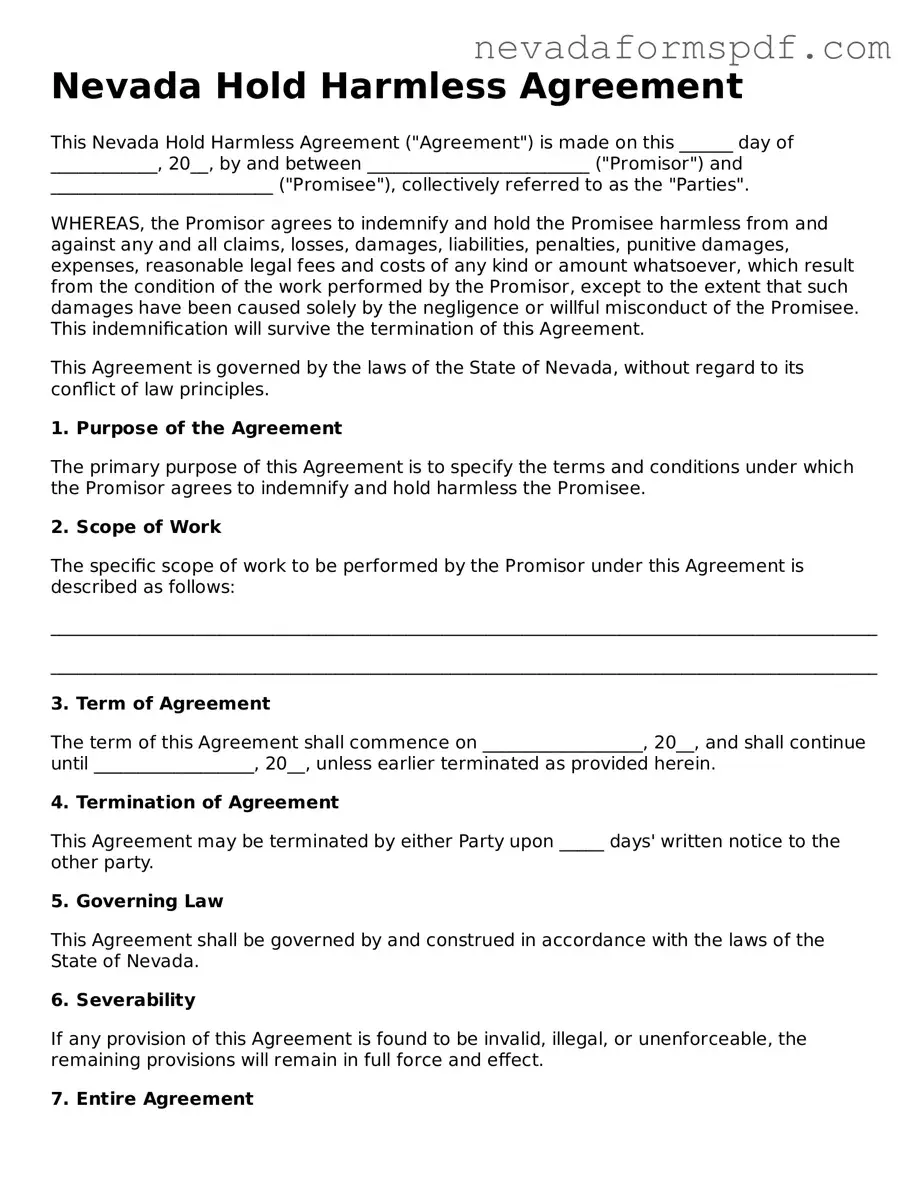Hold Harmless Agreement Template for Nevada State