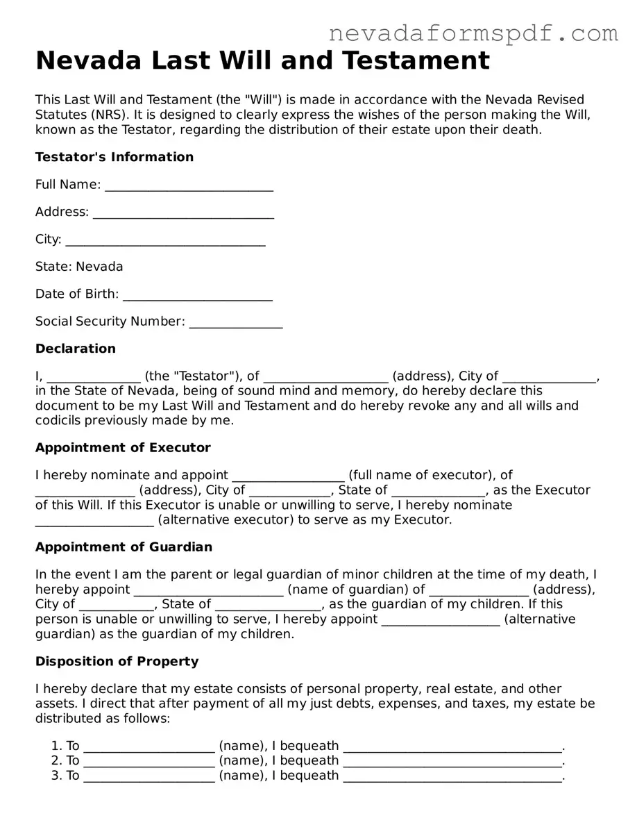 Last Will and Testament Template for Nevada State
