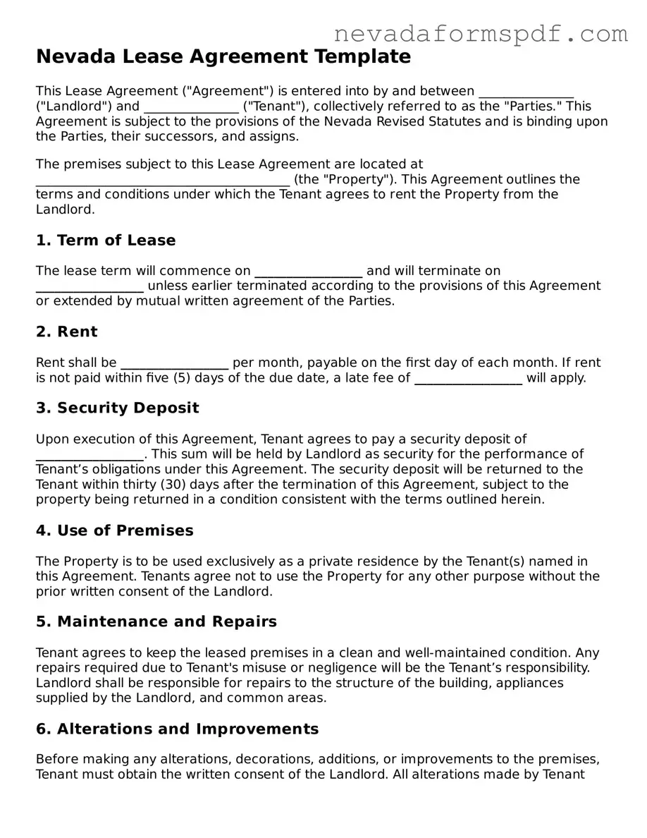 Lease Agreement Template for Nevada State