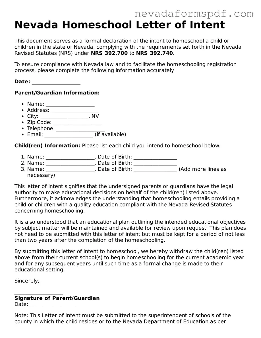 Homeschool Letter of Intent Template for Nevada State