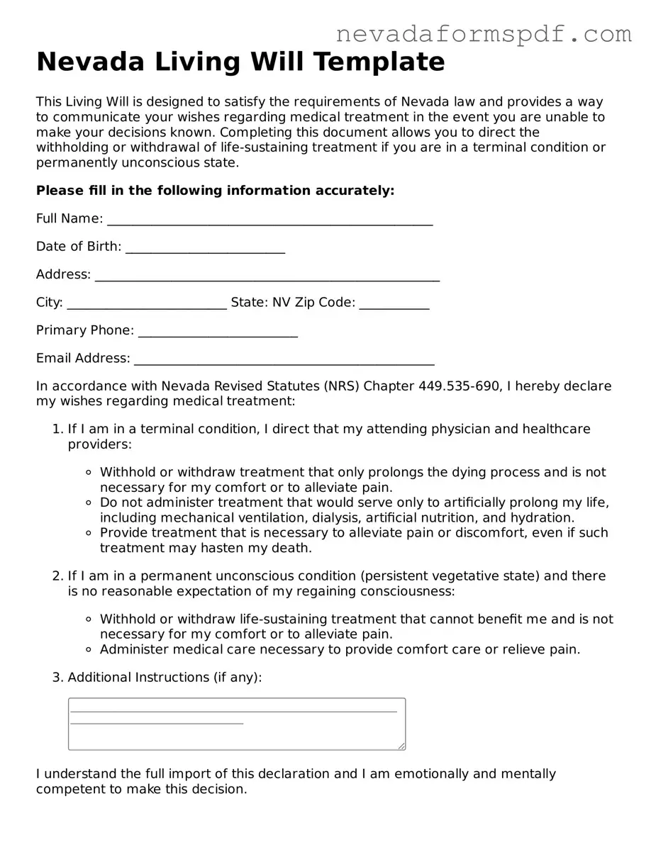 Living Will Template for Nevada State