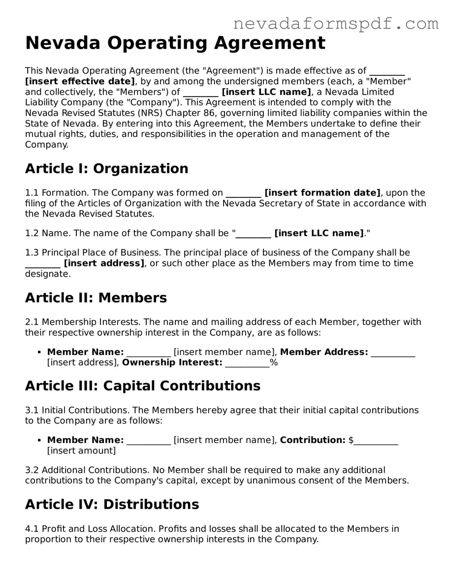 Operating Agreement Template for Nevada State