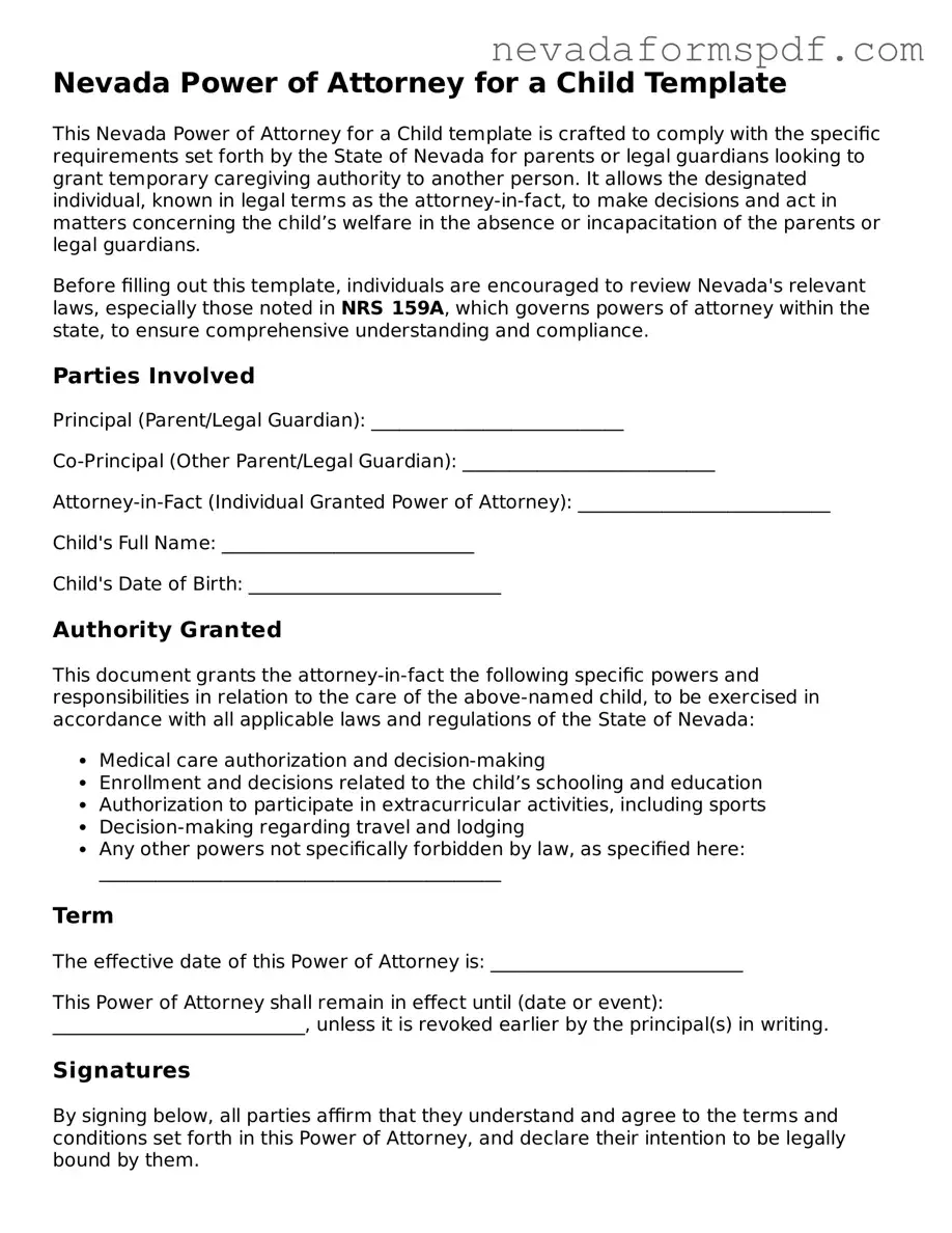 Power of Attorney for a Child Template for Nevada State