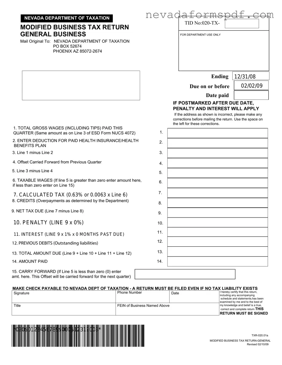 Blank Nevada Modified Tax Return Template