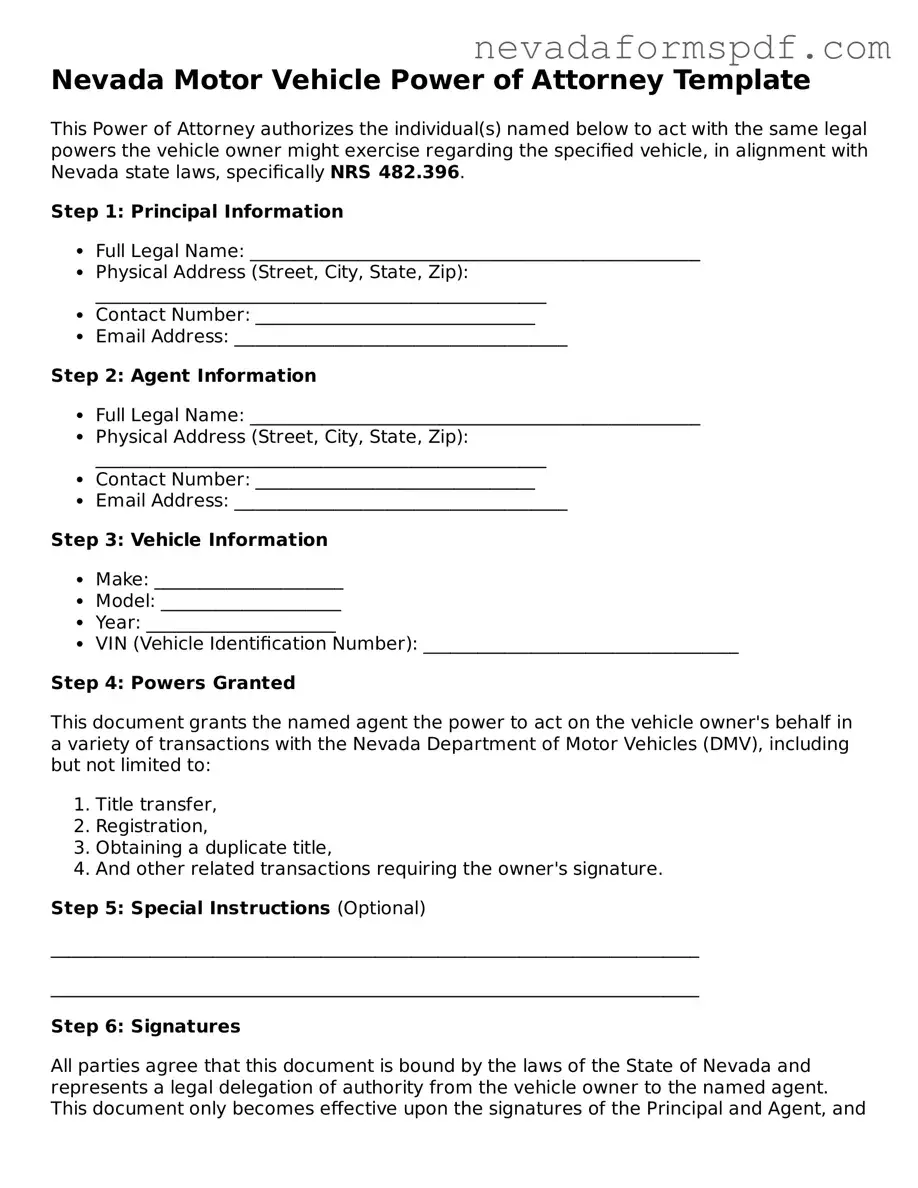 Motor Vehicle Power of Attorney Template for Nevada State