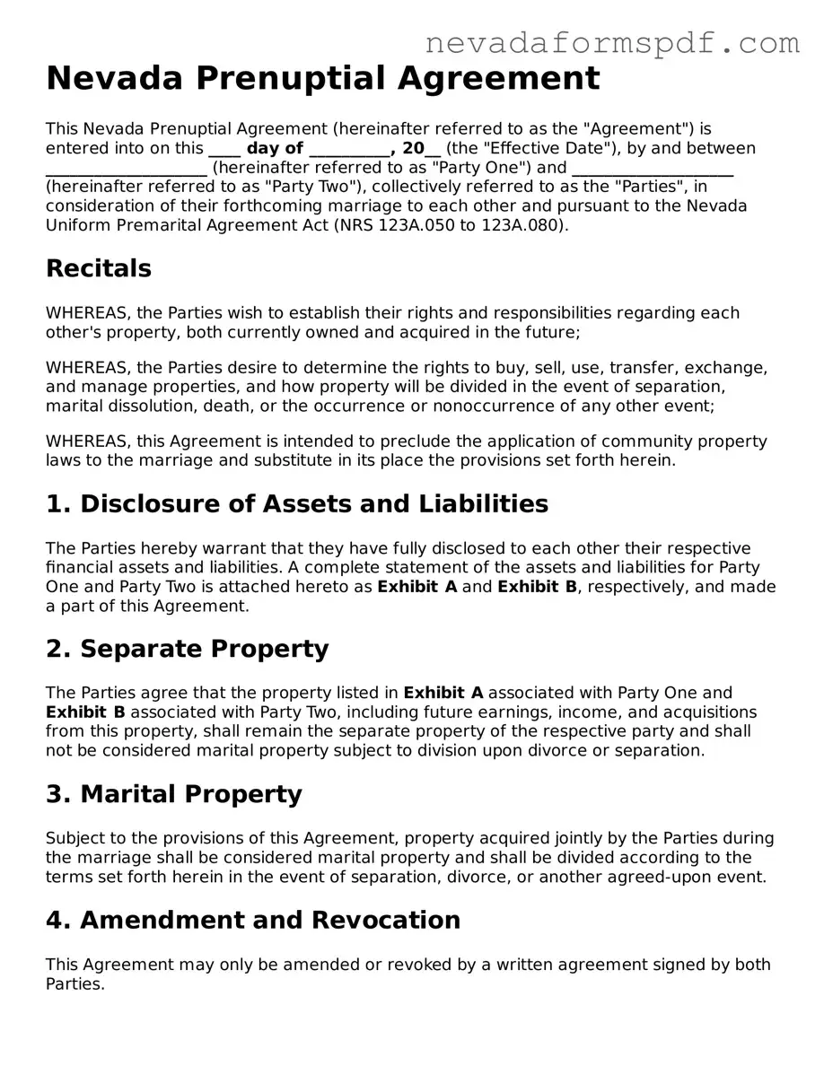 Prenuptial Agreement Template for Nevada State