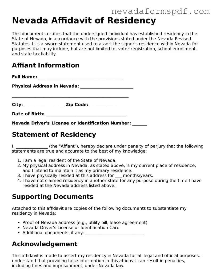 Affidavit of Residency Template for Nevada State