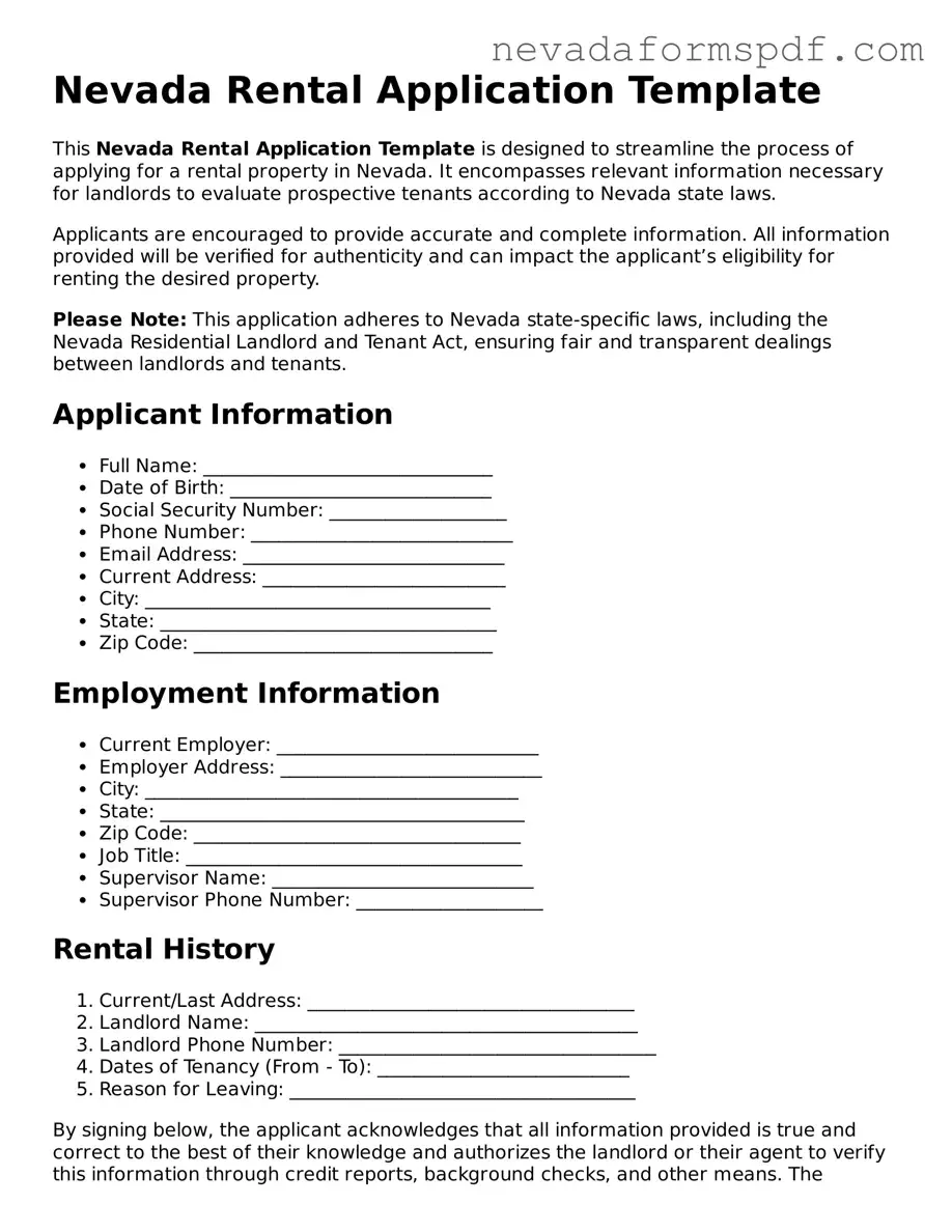 Rental Application Template for Nevada State