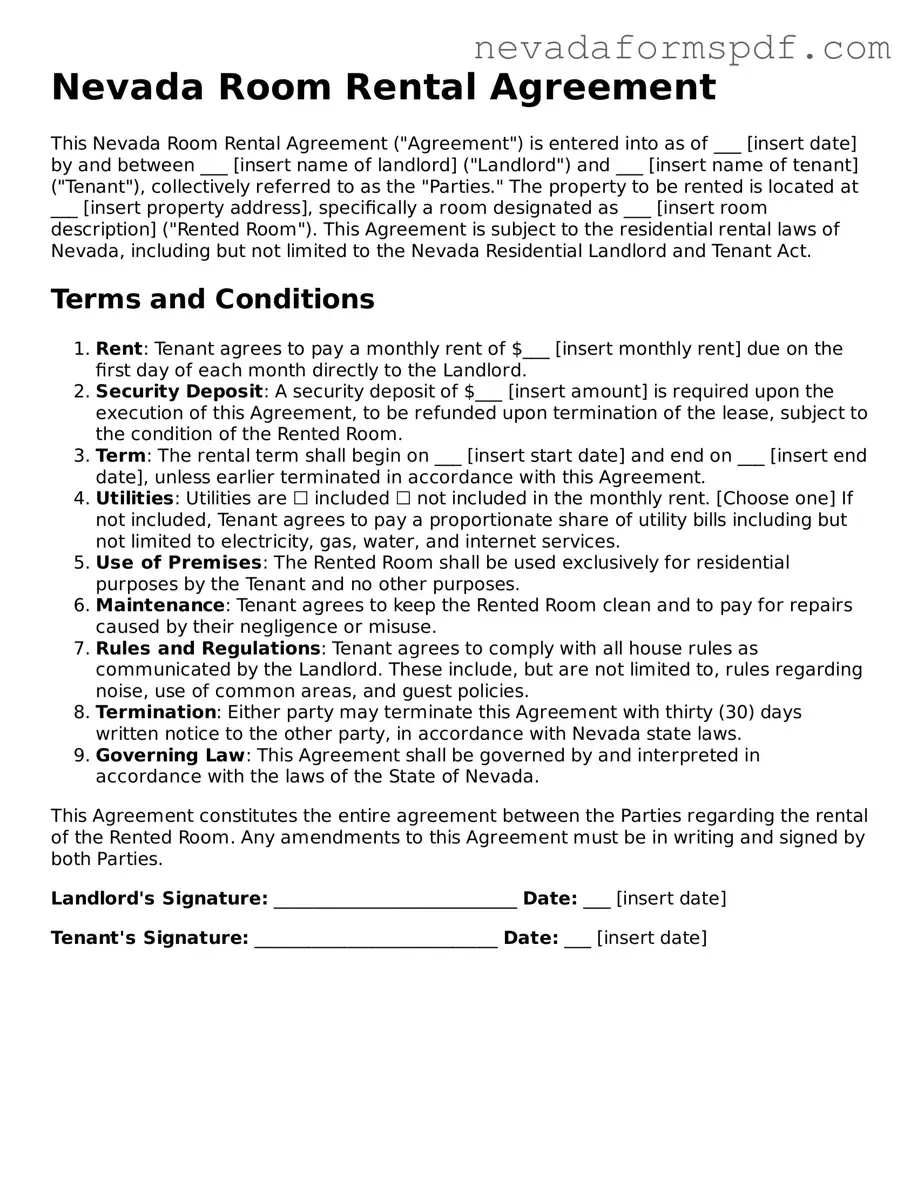 Room Rental Agreement Template for Nevada State