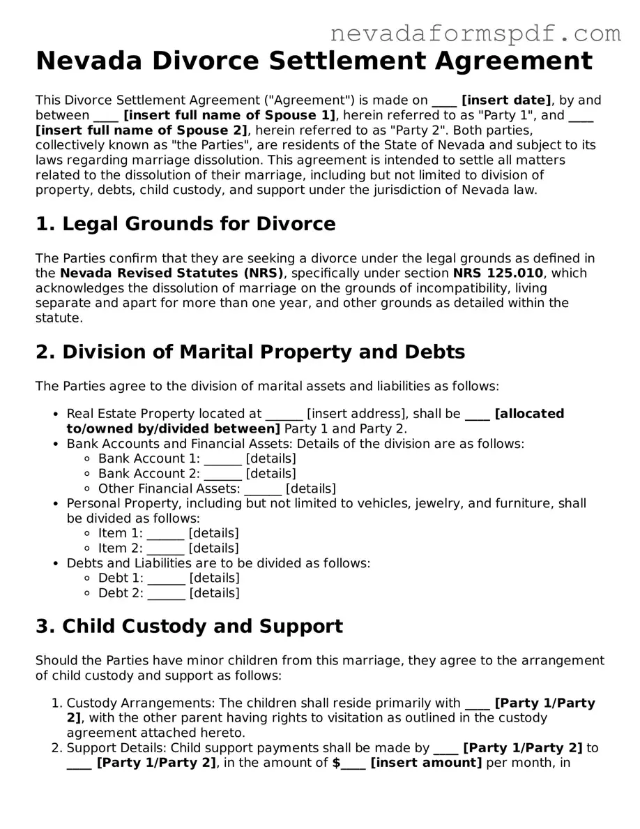Divorce Settlement Agreement Template for Nevada State