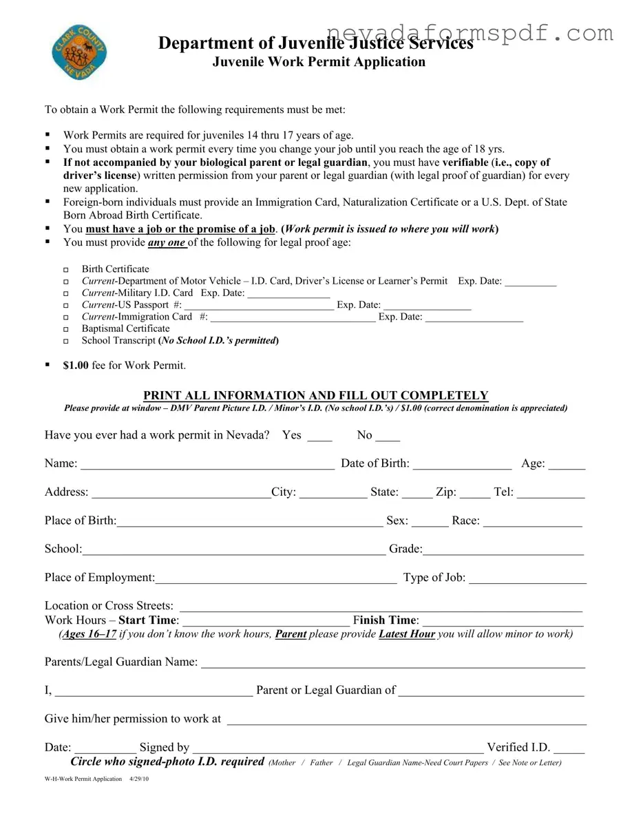 Blank Nevada Work Permit Application Template