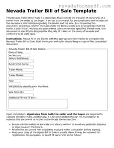 Trailer Bill of Sale Template for Nevada State