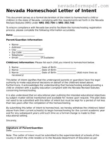 Homeschool Letter of Intent Template for Nevada State