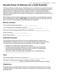 Power of Attorney for a Child Template for Nevada State