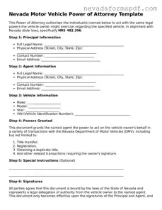 Motor Vehicle Power of Attorney Template for Nevada State